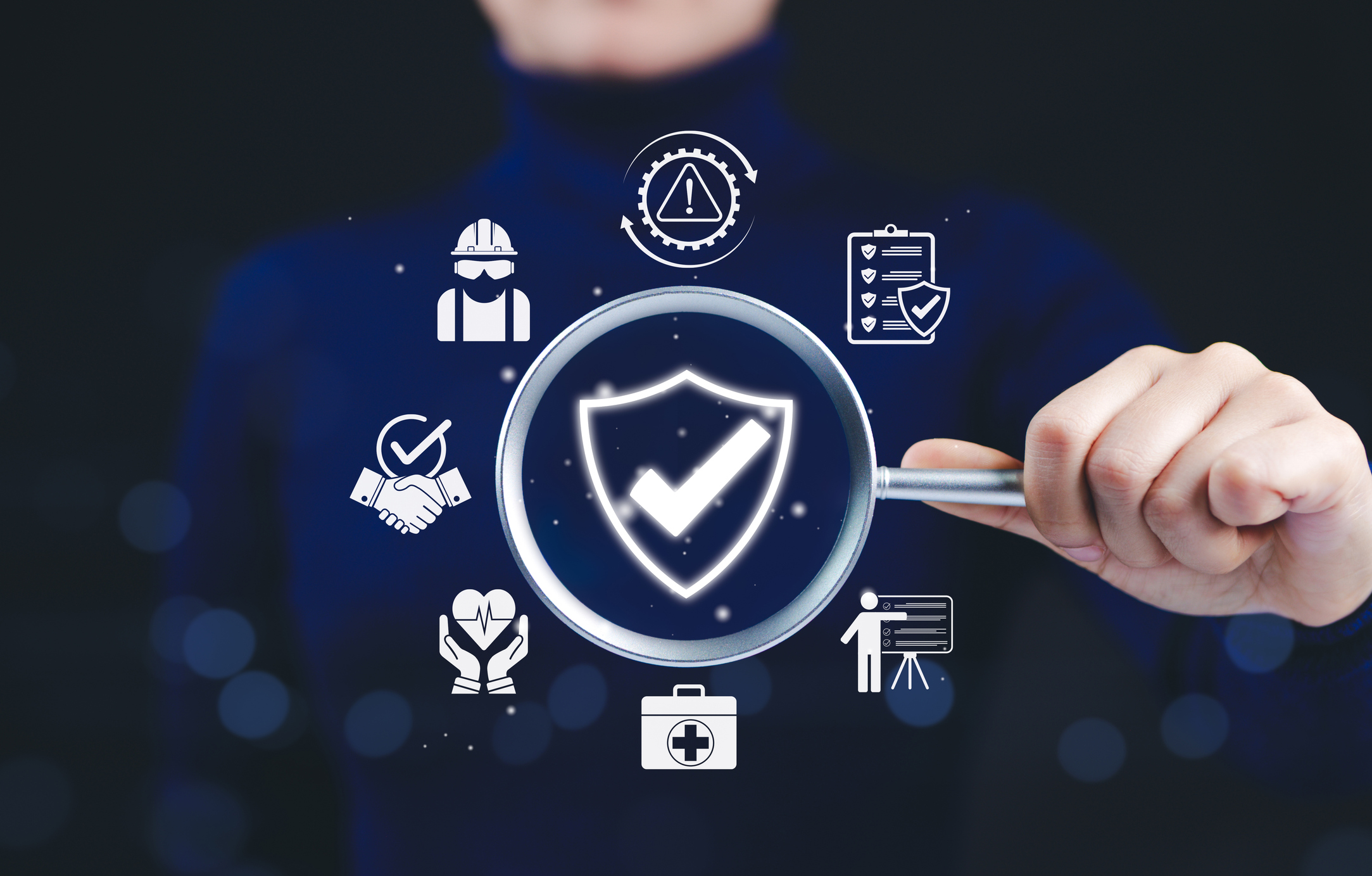 Work safety and compliance inspection concept. Woman holding magnifying glass with icons work safety, compliance, risk management, operational efficiency, and safety standards. policy enforcement,