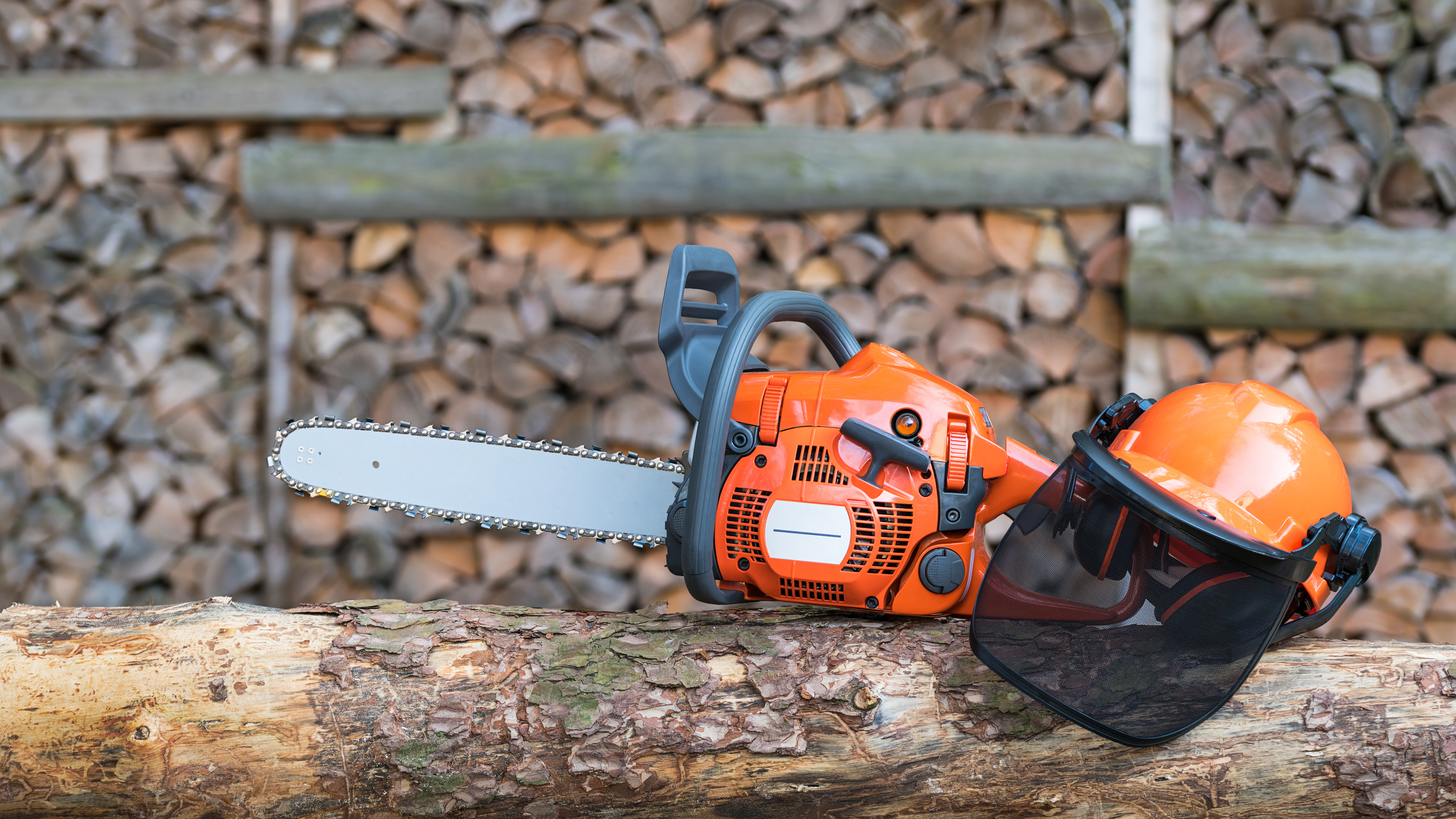 Professional equipment for safety cutting wood on felled tree trunk with brown green bark on blurry firewood background
