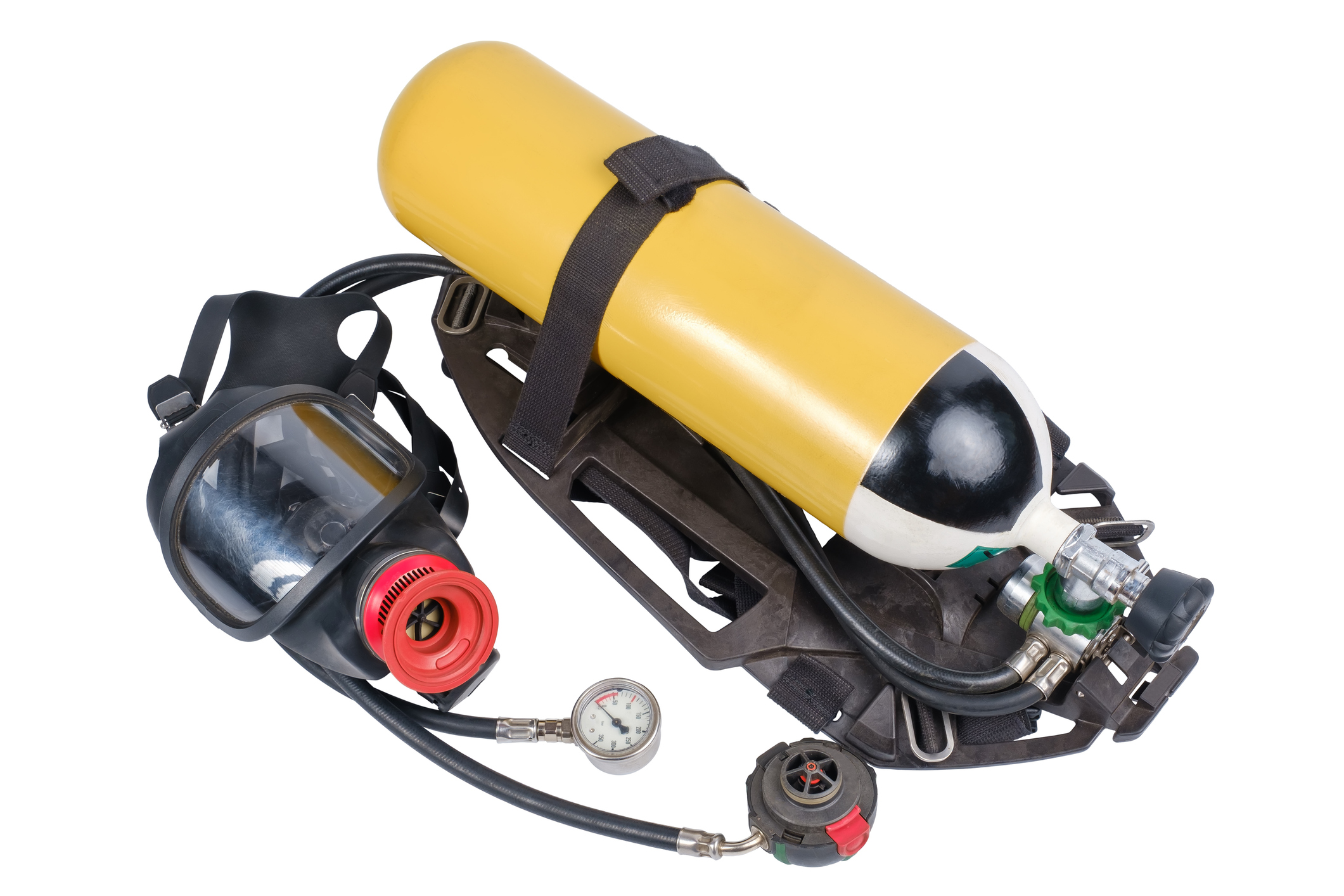 Breathing Air Cylinder Assembly and Full Facepiece Respirator for firefighters isolated on white background. firefighters life support system